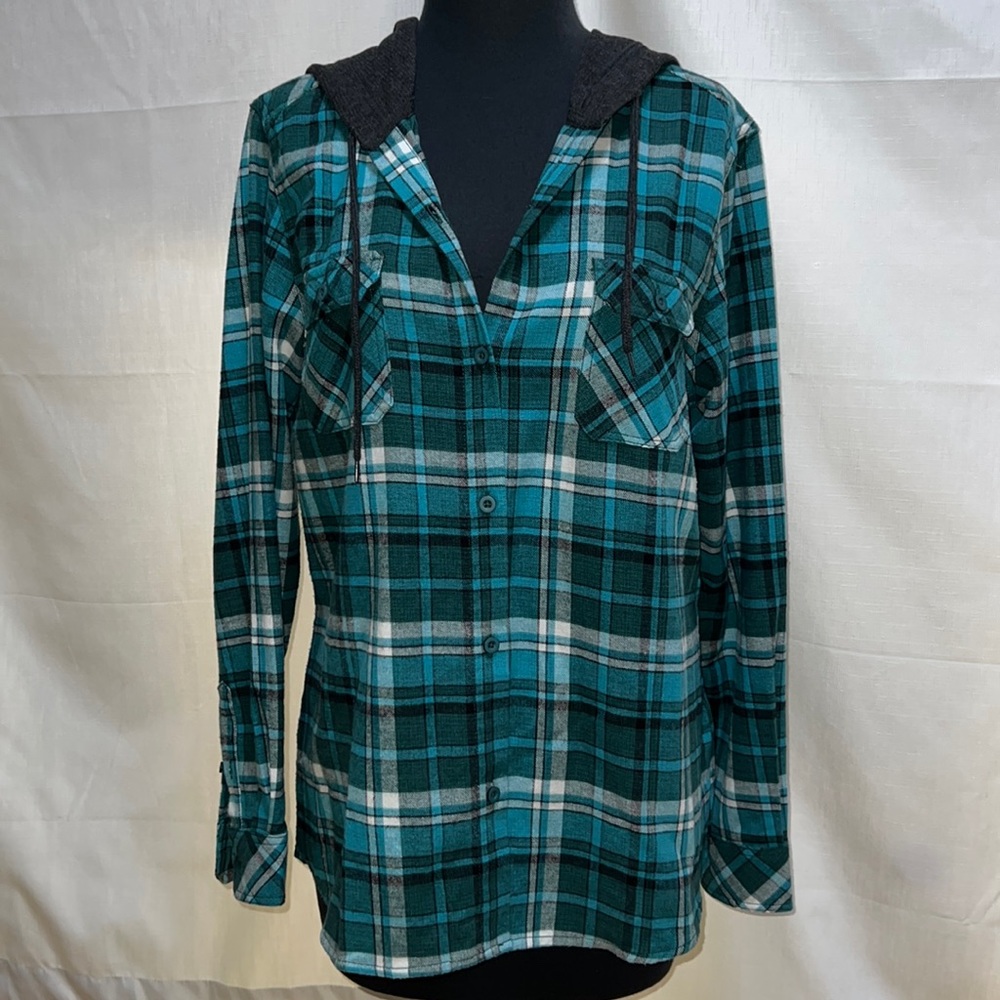 North River Teal Flannel Button Down Shirt with Hood
